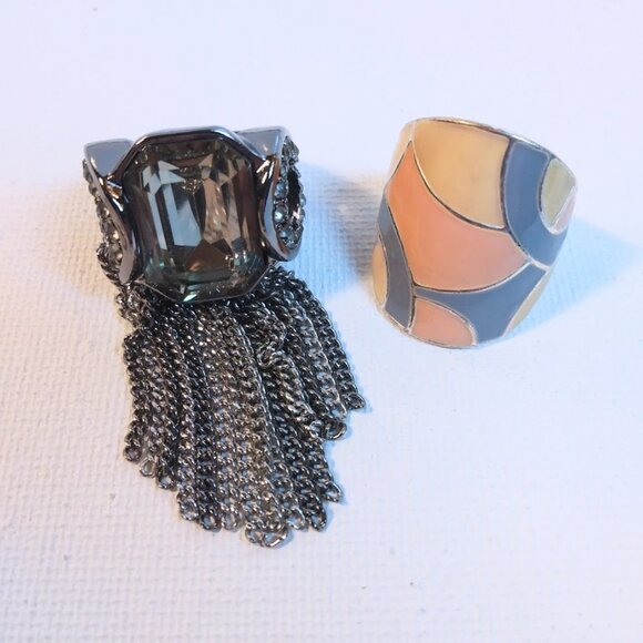 Statement Silver Toned Ring w/ Long Fringe Faux Gemstone Adjustable Cocktail - Picture 7 of 10